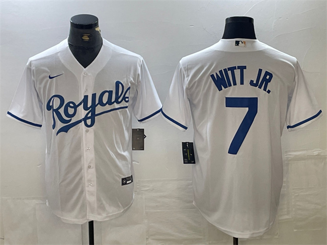 Men's Kansas City Royals #7 Bobby Witt Jr. White Cool Base Stitched Baseball Jersey Men's Kansas City Royals #7 Bobby Witt Jr. White Cool Base Stitched Baseball Jersey
